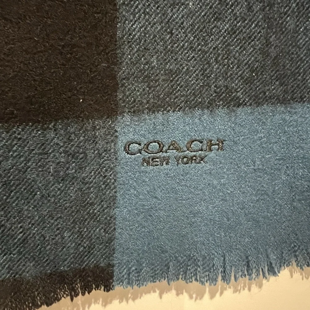Coach Wool Cashmere Check Scarf Blue Black Plaid Oversized Wrap 72